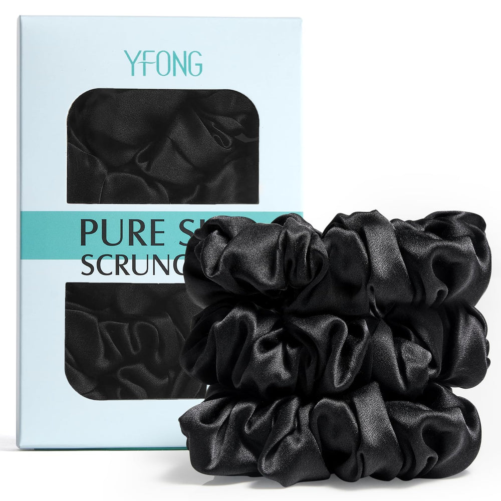 YFONG front packaging box showing three silk scrunchies and gift-ready presentation