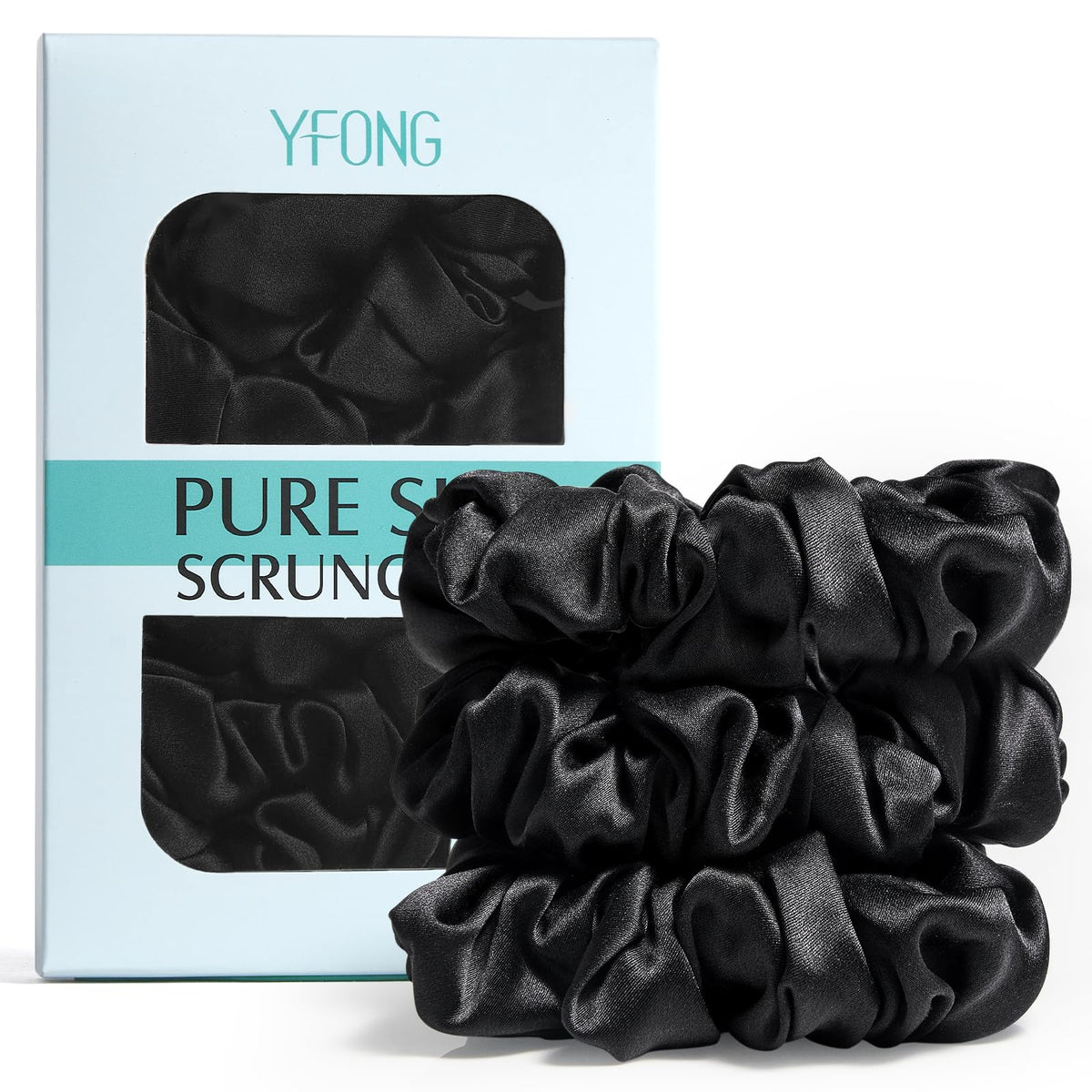 YFONG front packaging box showing three silk scrunchies and gift-ready presentation