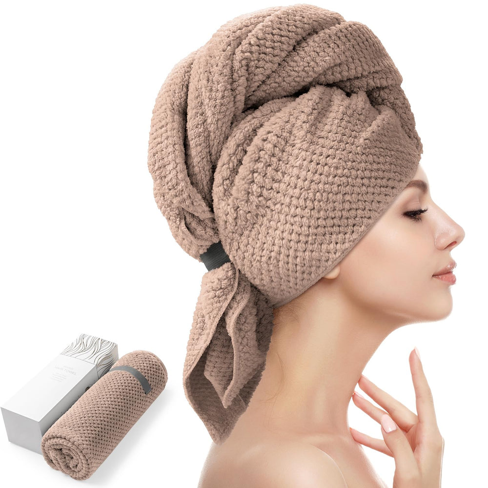 YFONG front view of brown towel wrap showing full size and color benefit faster drying