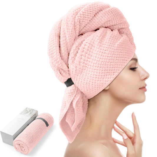 YFONG front view showing pink oversized towel wrap and compact packaging benefit