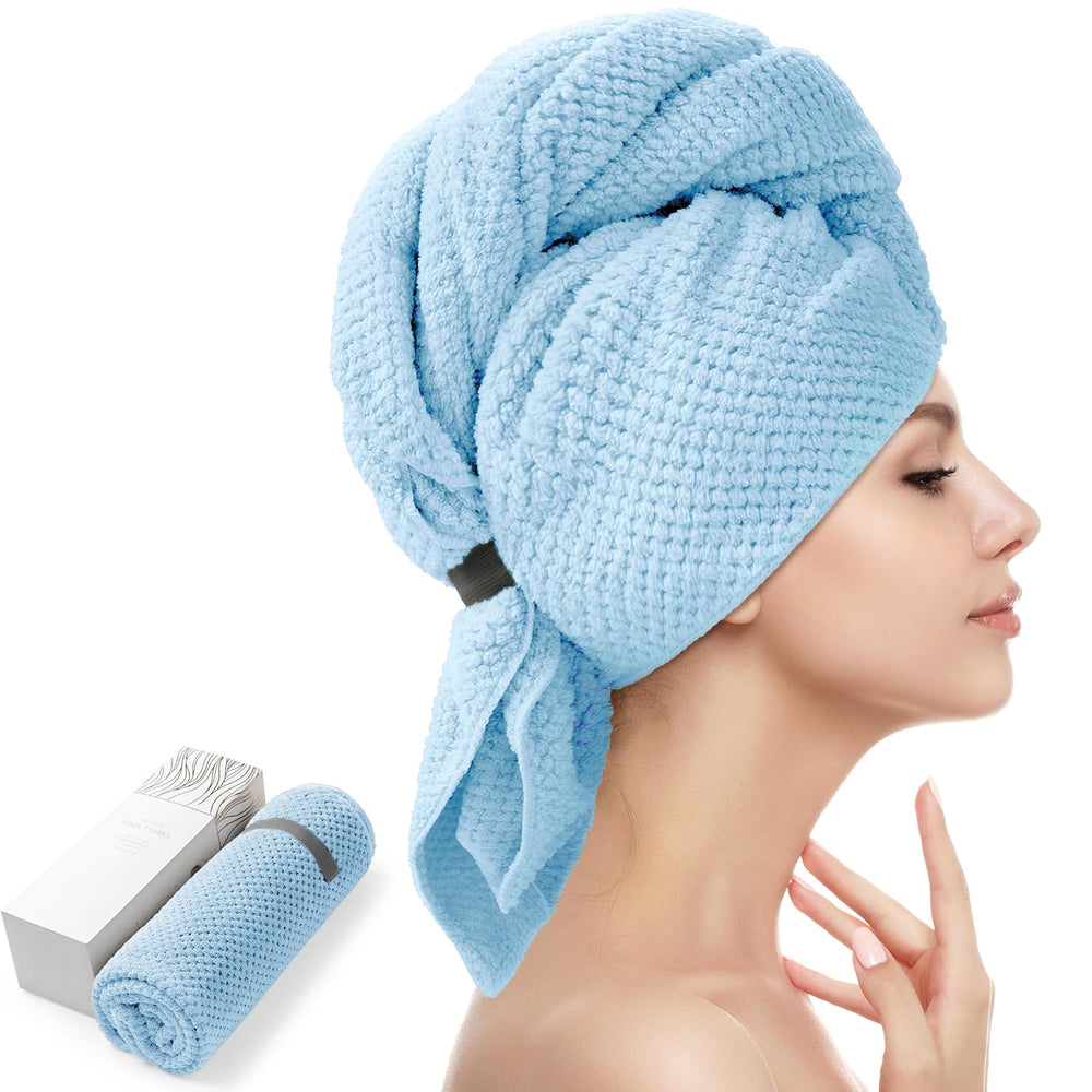 YFONG front view of blue hair towel wrap showing full coverage and convenience