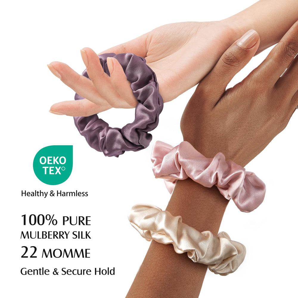 YFONG three silk scrunchies flat lay showing pink champagne plum, easy color coordination