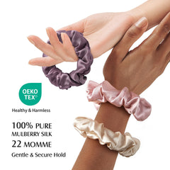 YFONG three silk scrunchies flat lay showing pink champagne plum, easy color coordination