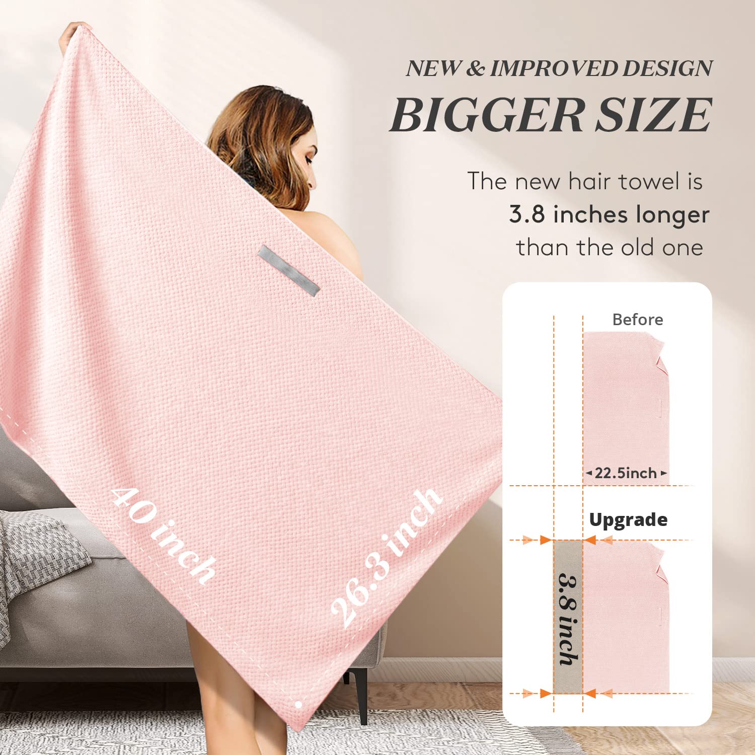 YFONG towel beside ruler illustrating 26.3 by 40 inch size for long hair
