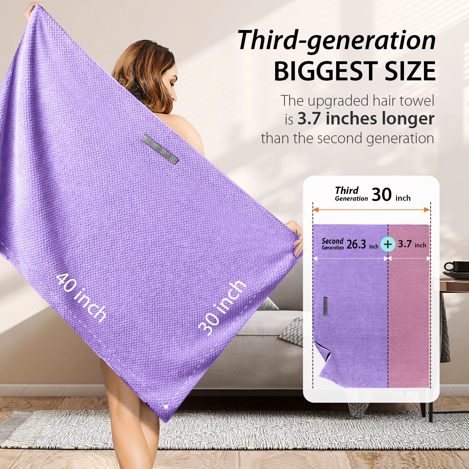 YFONG towel beside measuring tape showing 30 by 40 inch size for full hair coverage
