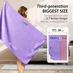 YFONG towel beside measuring tape showing 30 by 40 inch size for full hair coverage