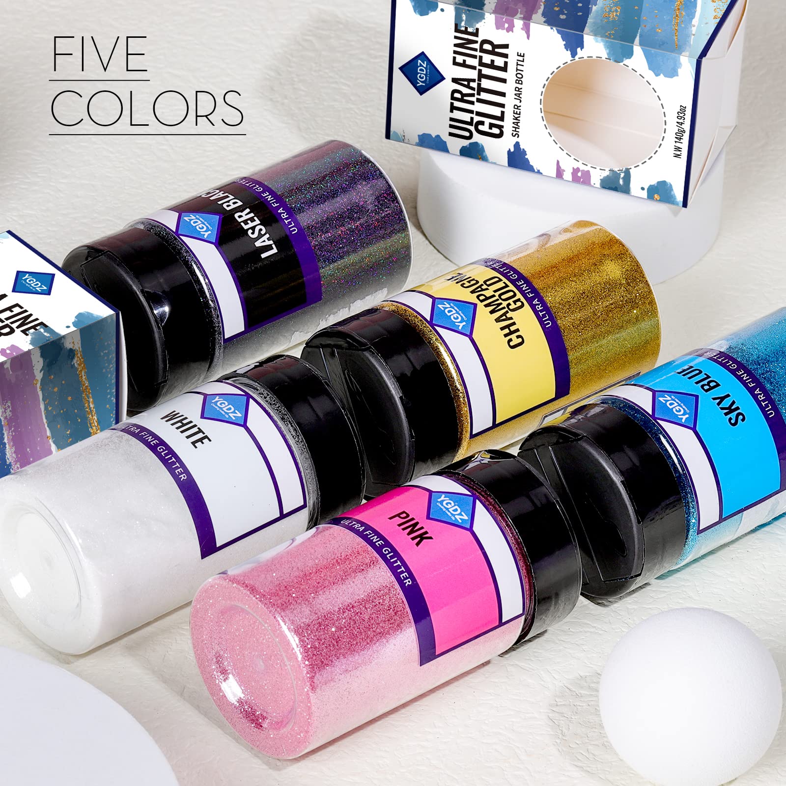 YGDZ glitter next to ruler showing 140g scale and long-lasting supply benefit