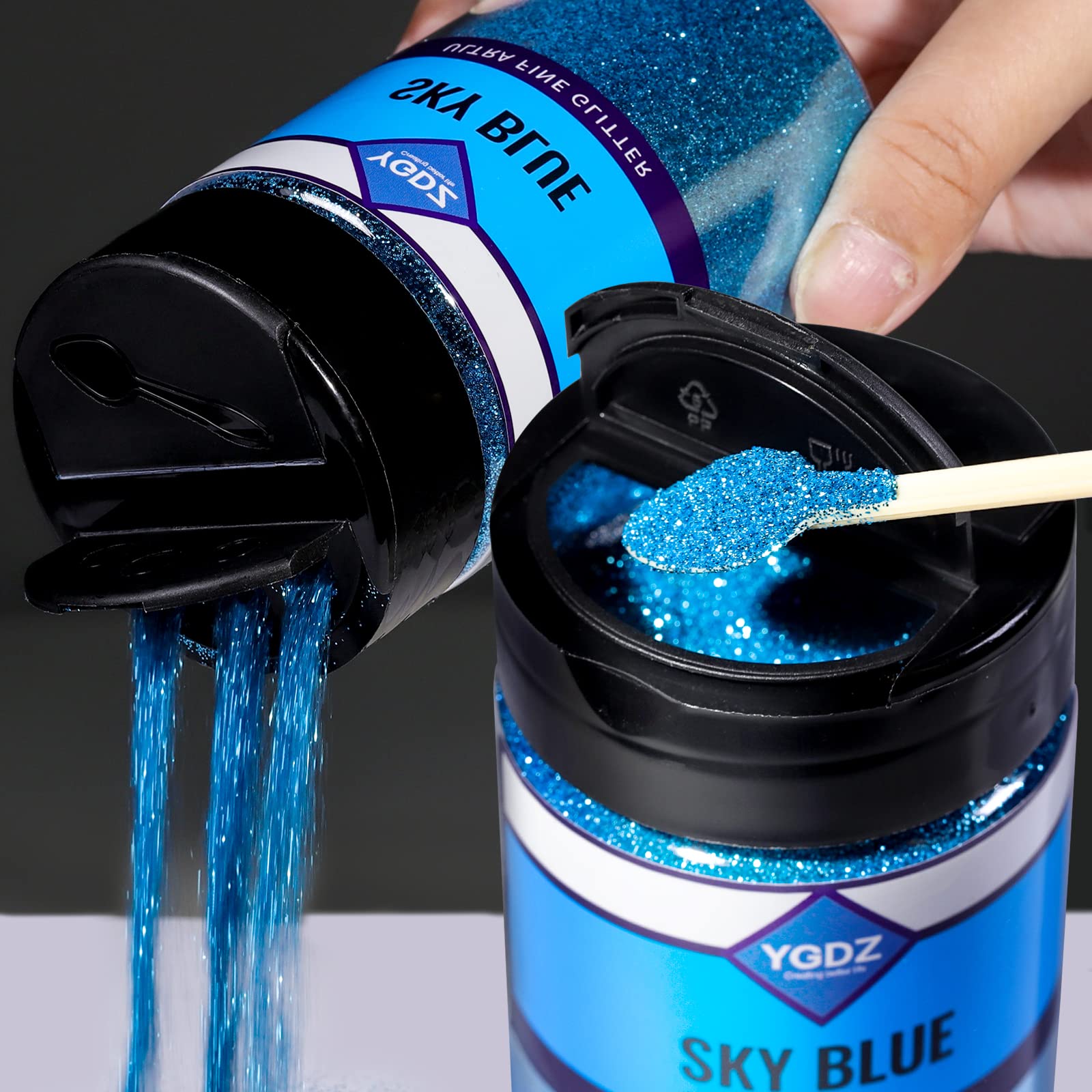 YGDZ glitter jar cap detail showing dual-opening control benefit