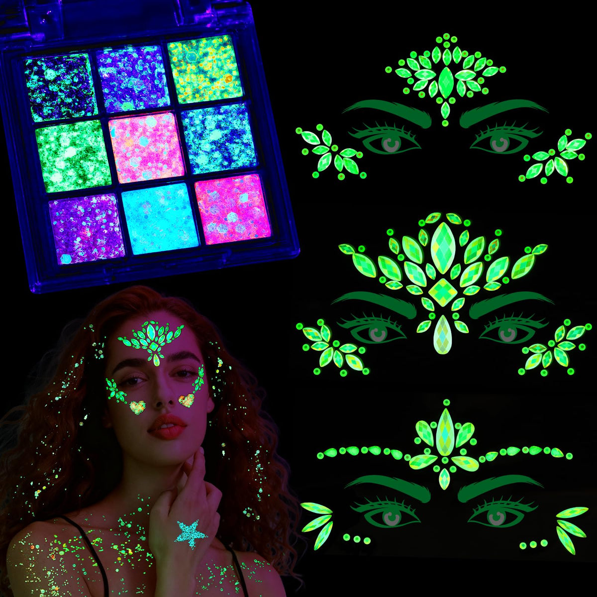 YGDZ kit front view showing gels and gem stickers for easy festival looks
