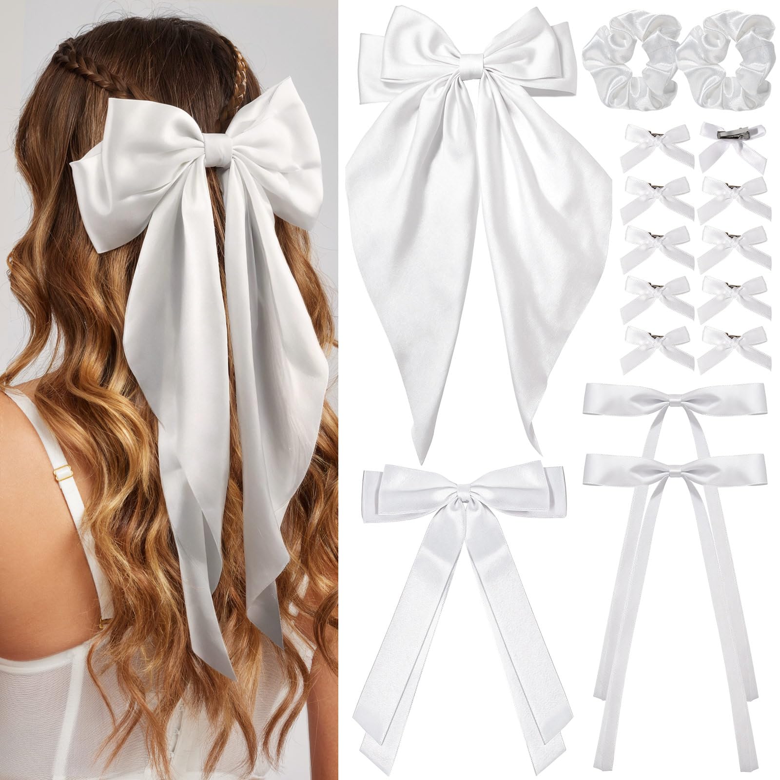 YGDZ packaging box showing full 16-piece white satin set and neat storage benefit