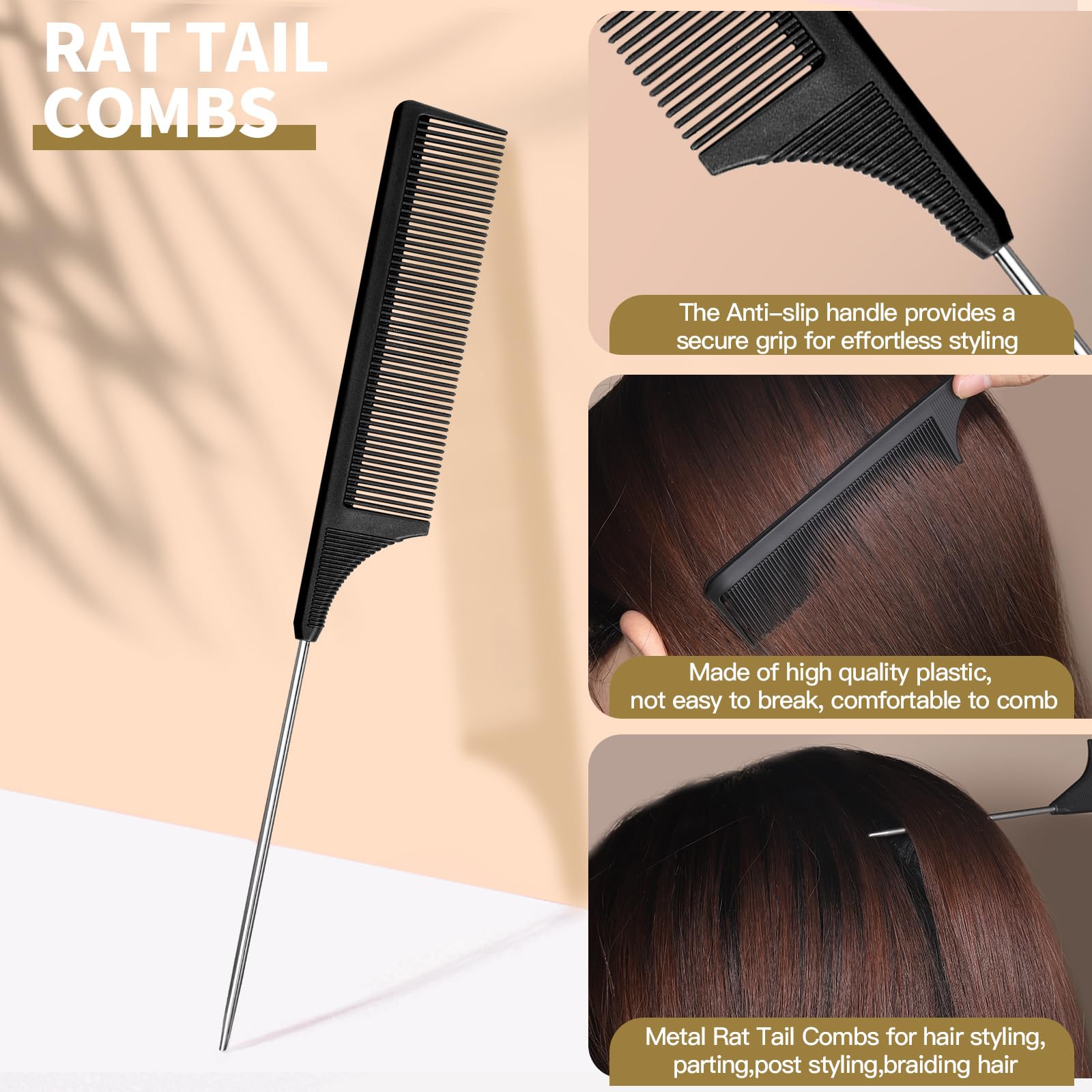 YGDZ rat-tail comb with fine teeth and metal tail for precise parting
