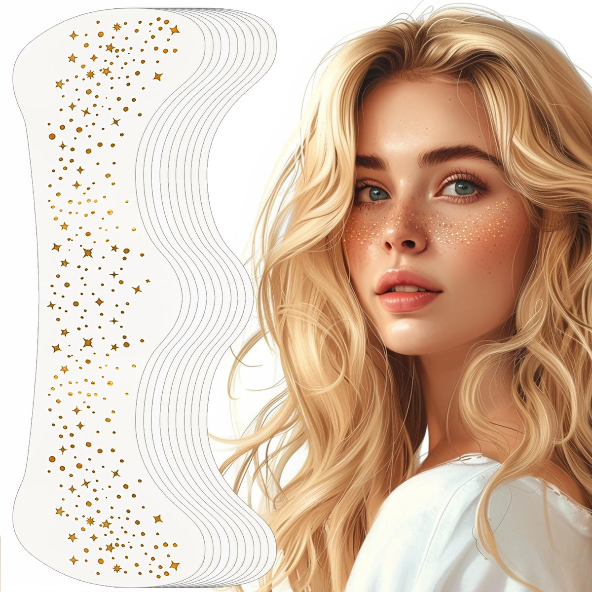 YGQQOY front packaging showing ten gold glitter freckle patches and benefits