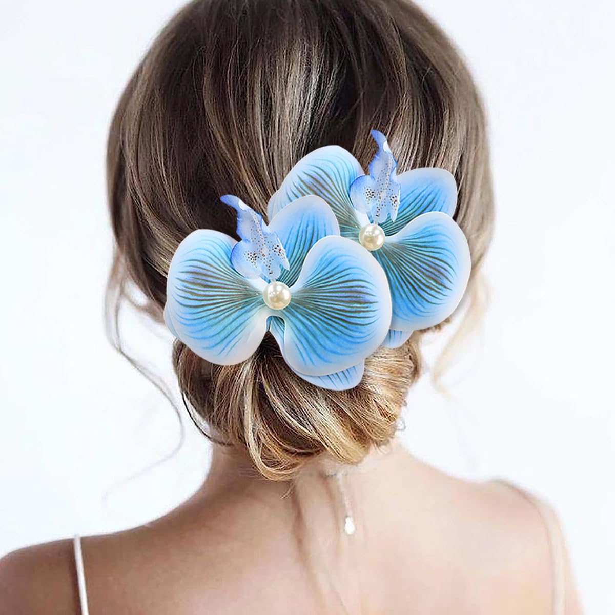 Yheahin front view of blue orchid clips showing vibrant bloom and instant style