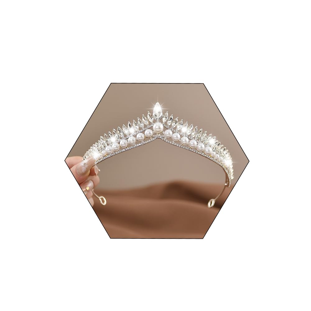 Yheahin front view pearl tiara showing regal silhouette and sparkling benefit