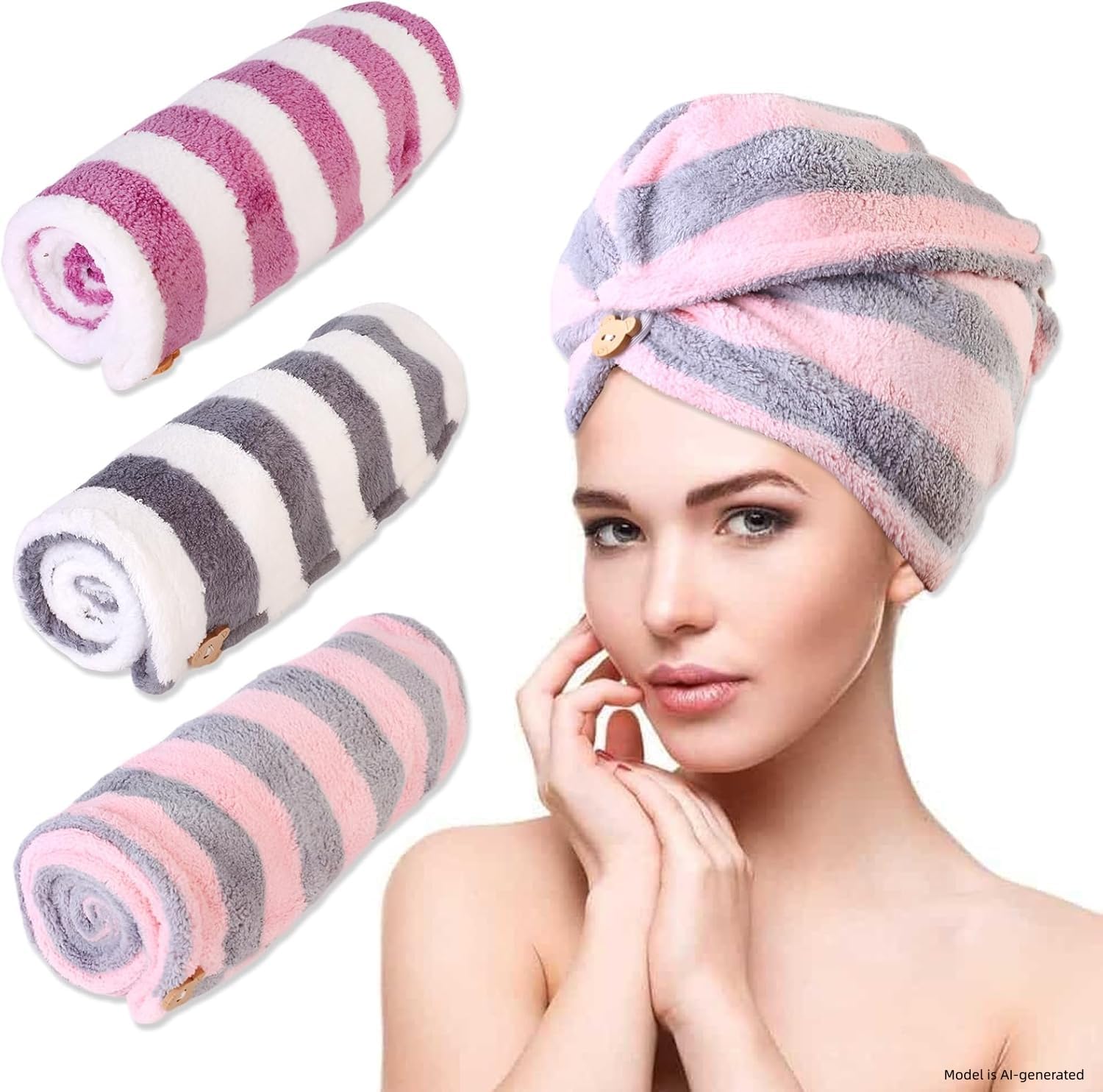 YHPDYL front view of three towel wraps showing size and color benefits