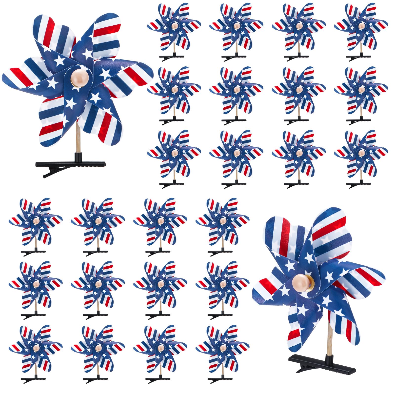 Yinder front packaging showing 24 patriotic pinwheel hair clips and easy grab benefit