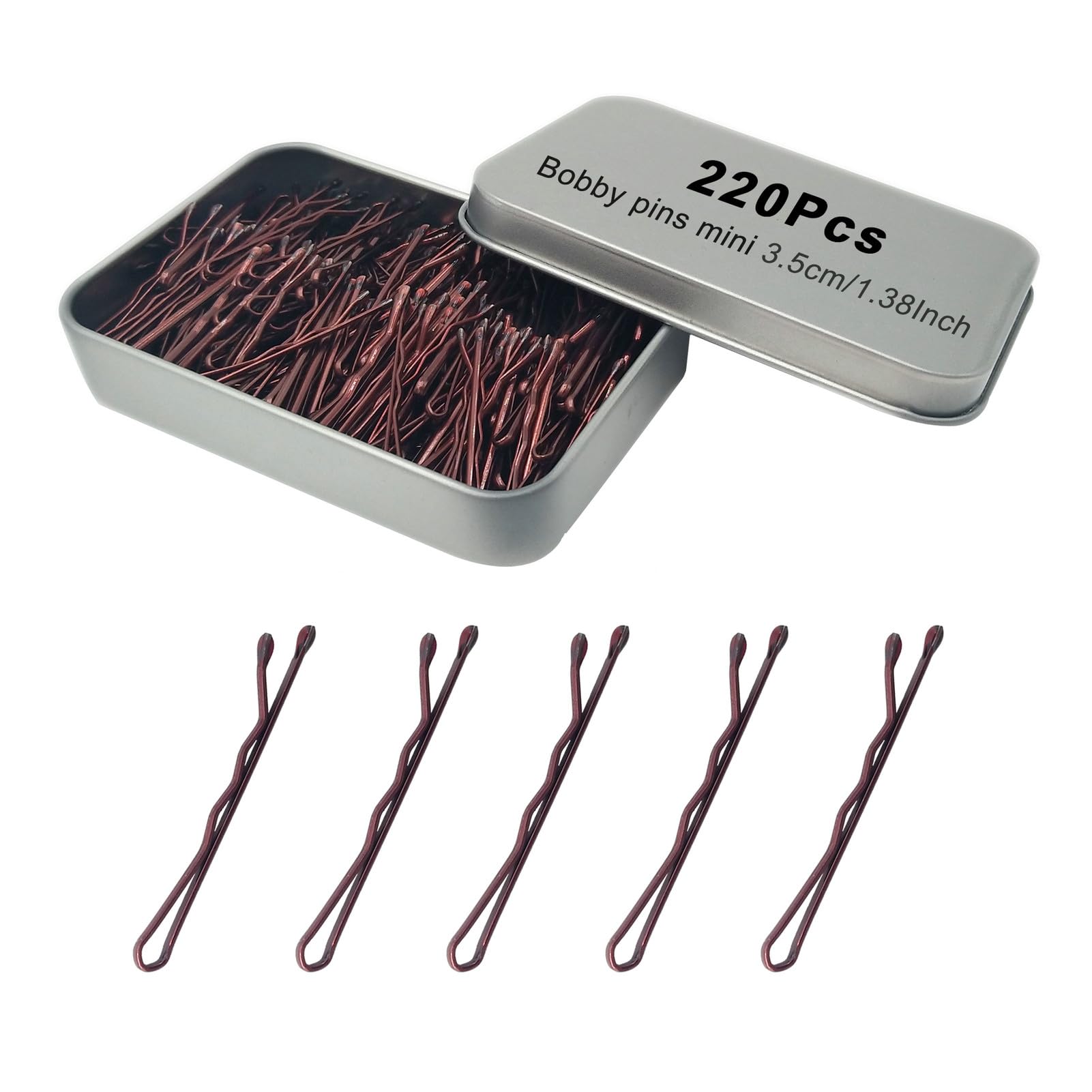 YINGFENG front packaging showing 220 brown bobby pins and metal case, organized supply benefit
