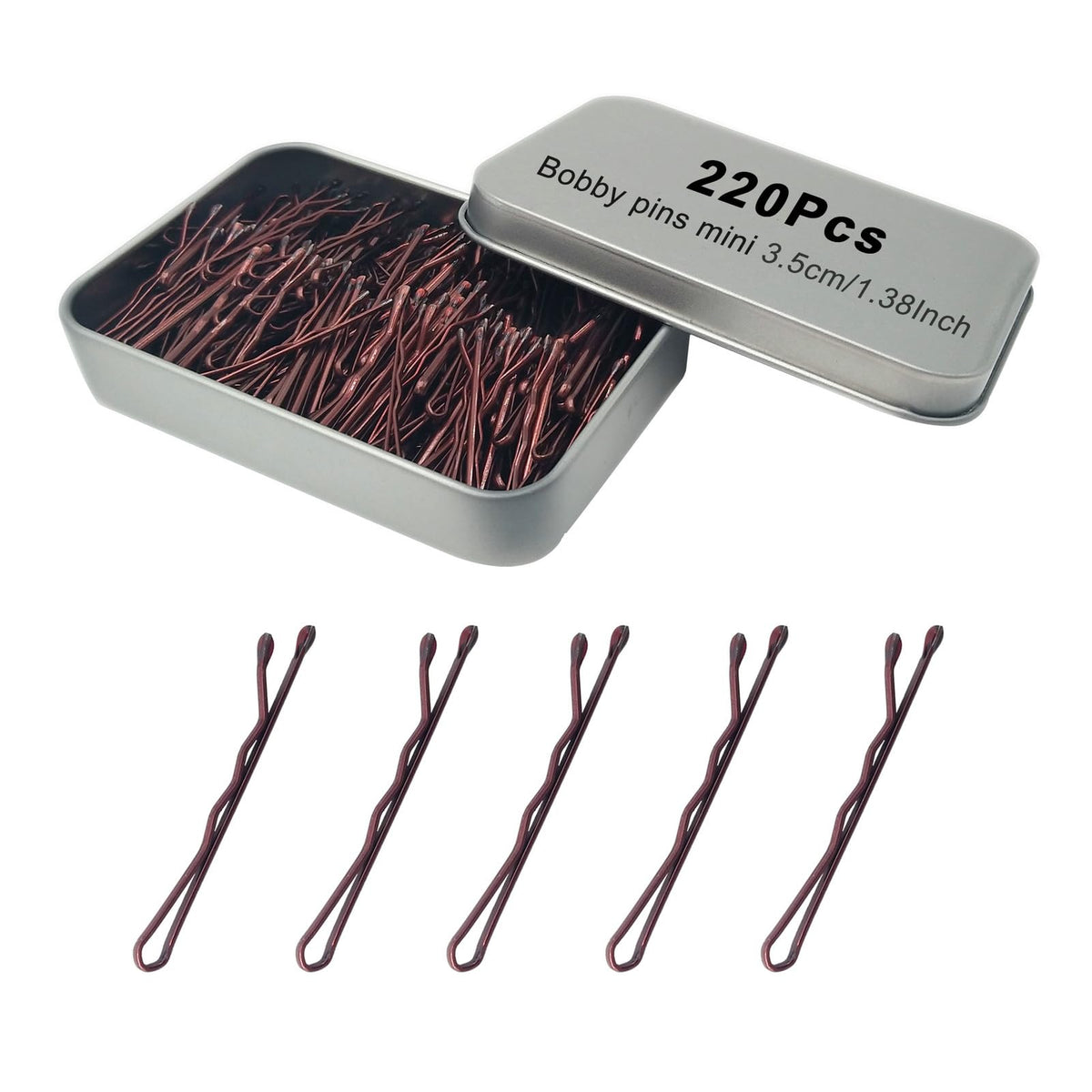 YINGFENG front packaging showing 220 brown bobby pins and metal case, organized supply benefit