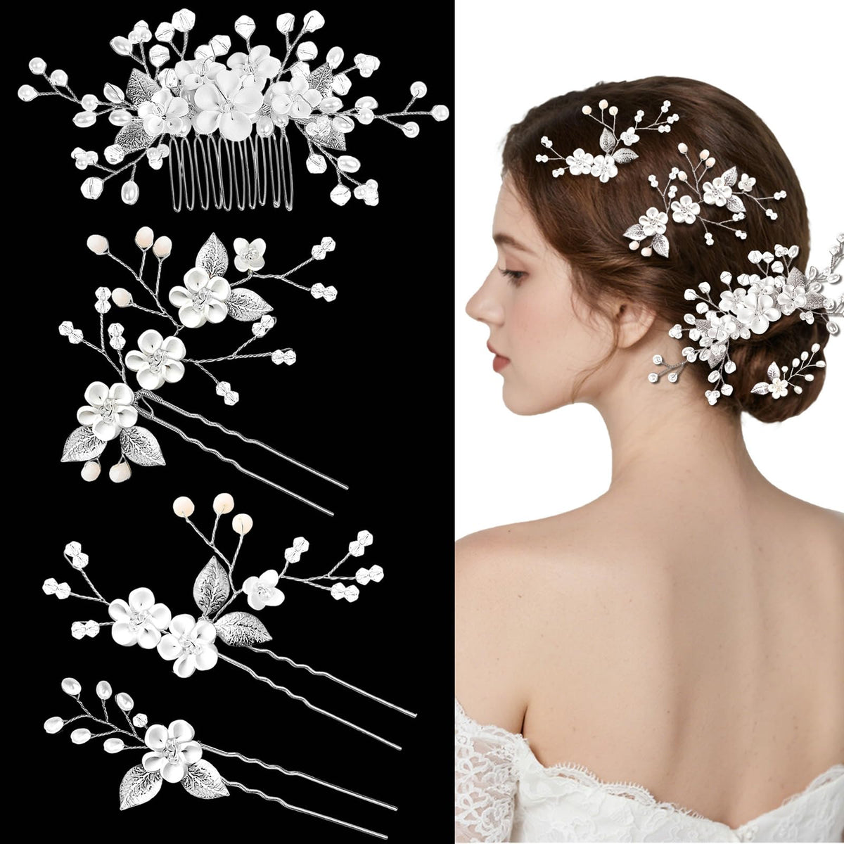 YINGFENG front view of comb and pins showing complete set and elegant silver finish