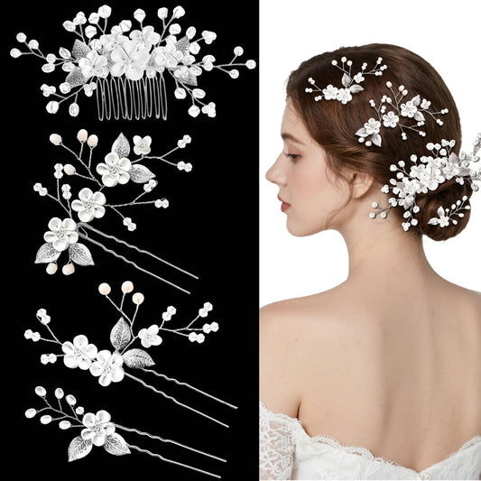 YINGFENG front view of comb and pins showing complete set and elegant silver finish