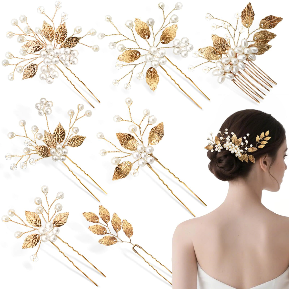 YINGFENG front view of comb and six gold pins showing elegant set and cohesive styling benefit
