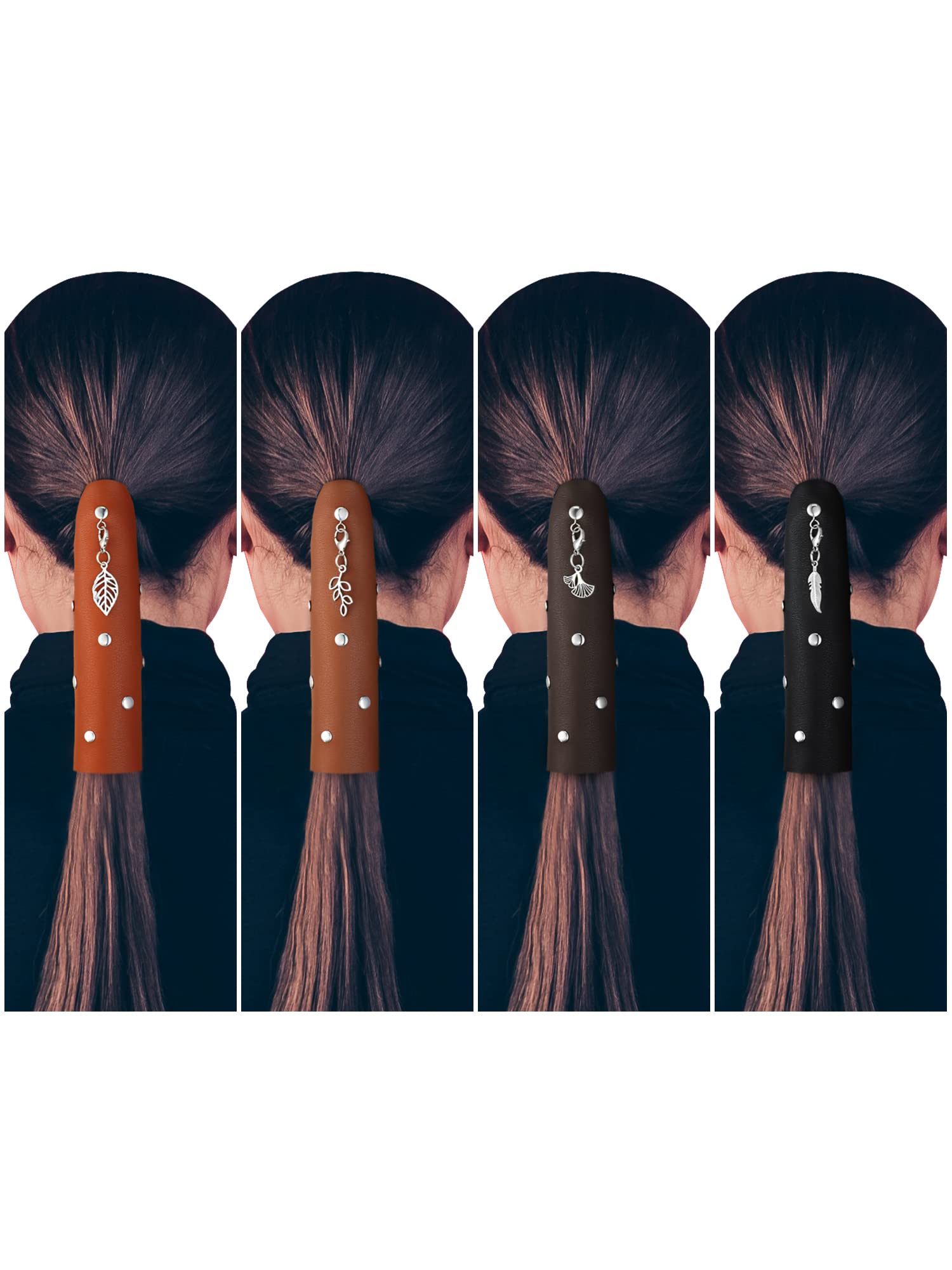 Yinkin front packaging of four leather ponytail wraps showing colors and benefits