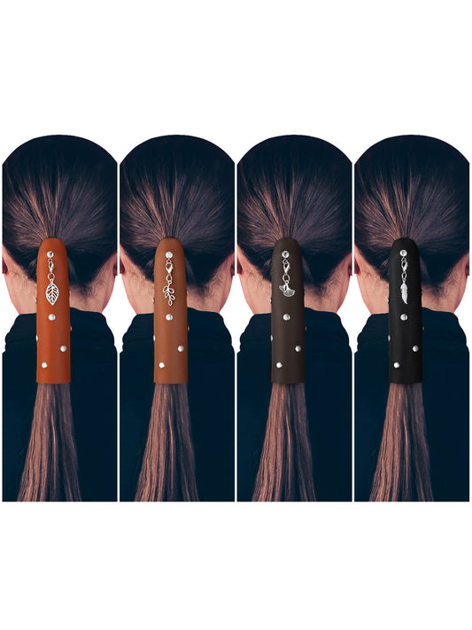 Yinkin front packaging of four leather ponytail wraps showing colors and benefits