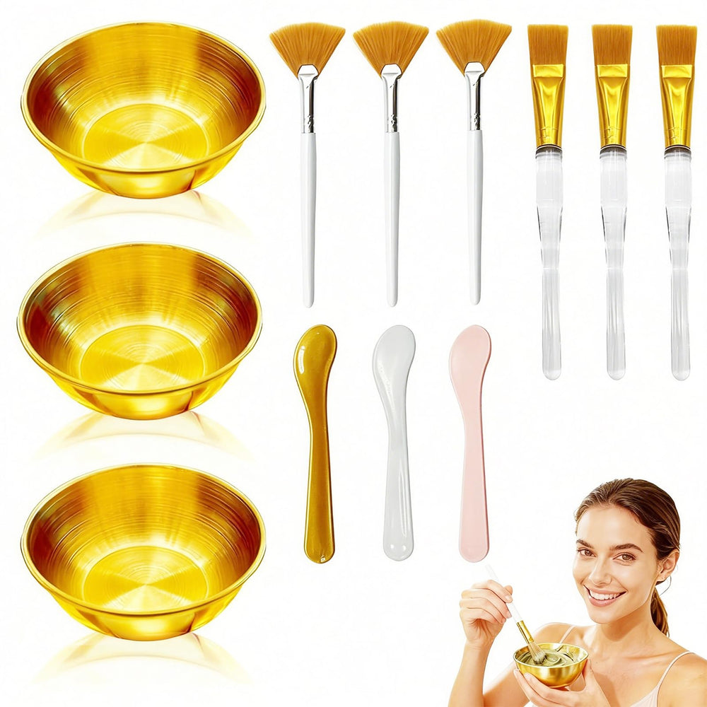 Yiqianhome front view of gold bowls and brushes showing organized kit benefit
