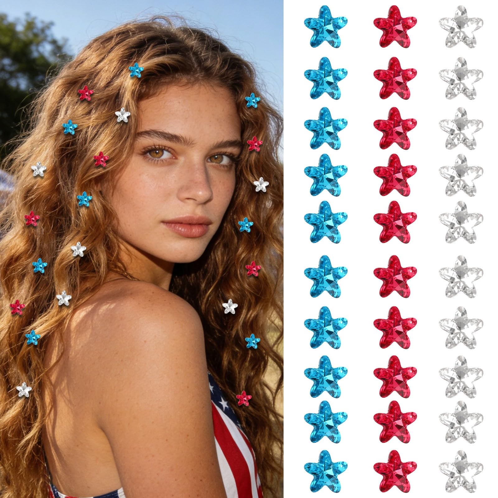 YISSION front packaging showing 30 patriotic star clips, ready to wear