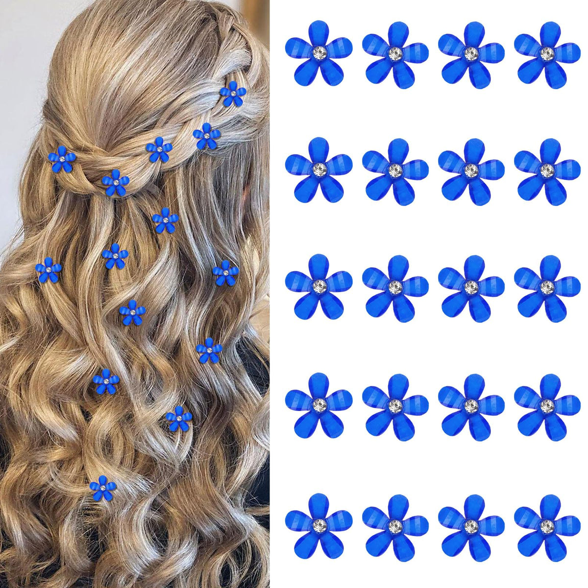YISSION front view showing 20 dark blue flower clips and rhinestones, easy styling