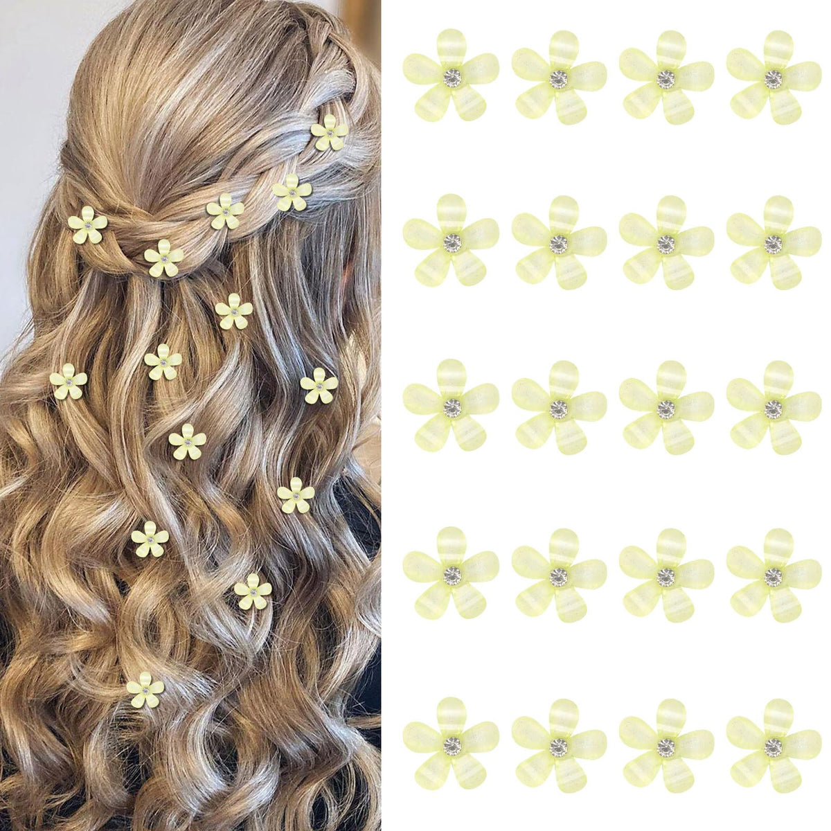 YISSION front packaging showing 20 pale yellow flower clips and neat arrangement for gifting