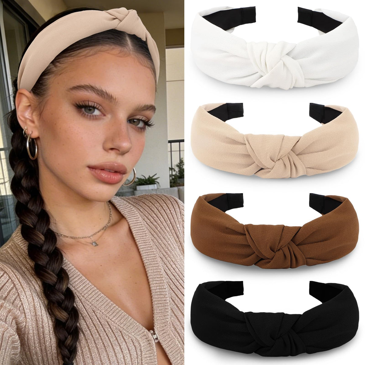 YISSION front view of four neutral headbands showing package and colors benefit versatility
