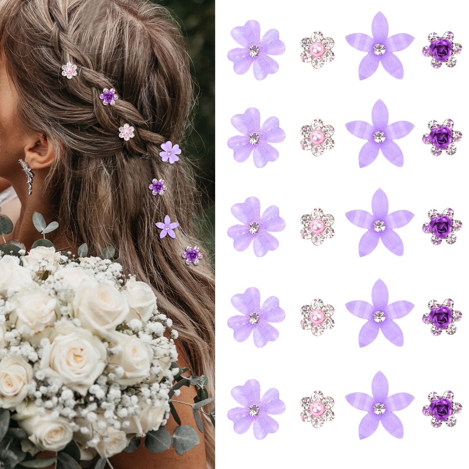 YISSION front view of 20-piece purple floral clip set showing variety and elegance