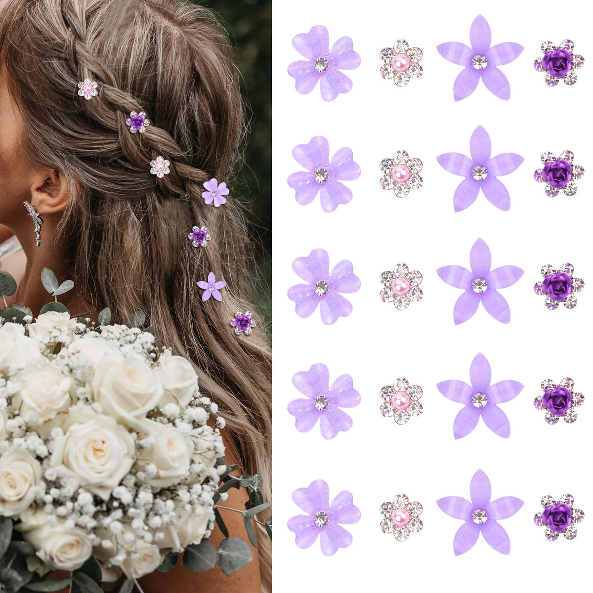 YISSION front view of 20-piece purple floral clip set showing variety and elegance