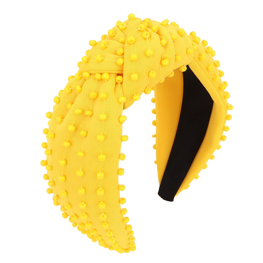 YISSION front view of yellow beaded headband showing knotted design and sparkle benefit