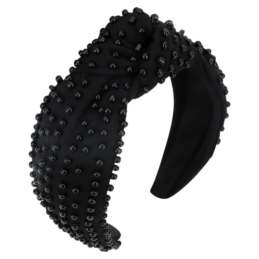 YISSION front view of black pearl knotted headband, elegant everyday polish