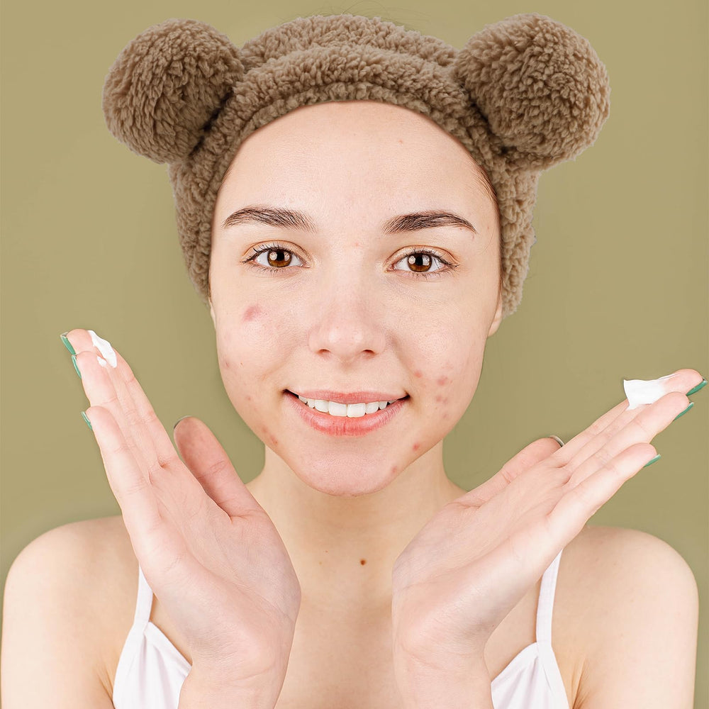 YISSION headband worn on model front view keeping hair off face during skincare