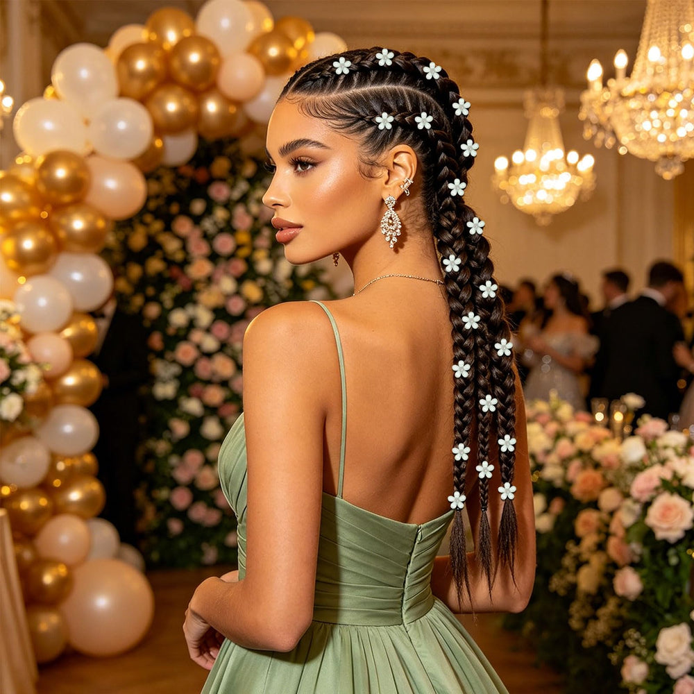 YISSION clipped into braided hair demonstrating added floral detail benefit
