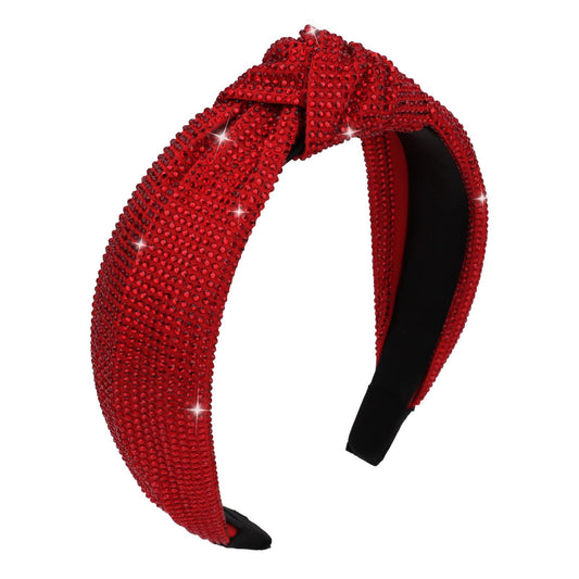 YISSION red rhinestone headband front view showing full sparkle and festive style