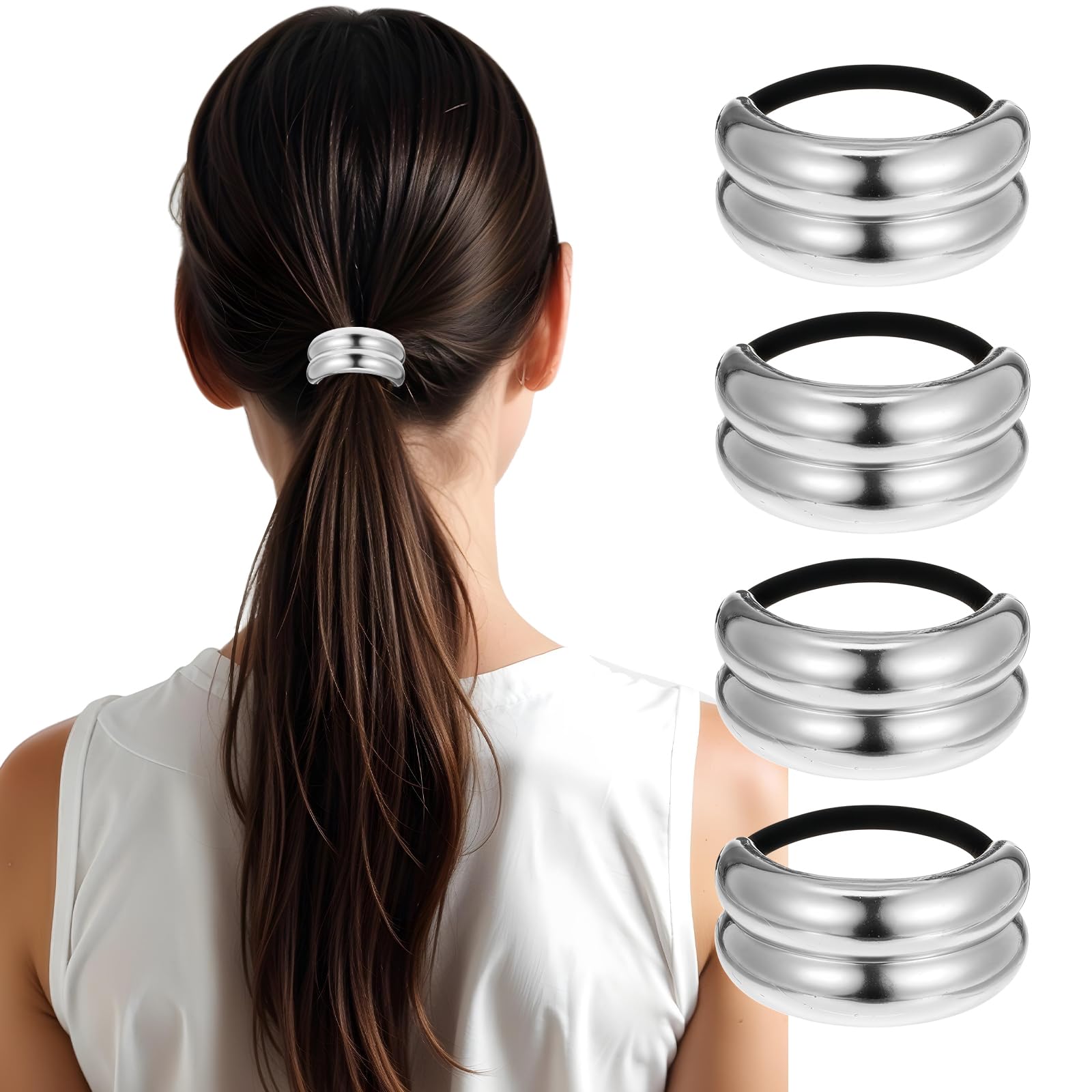 Ymapinc front view packaging showing four silver hair ties and benefits