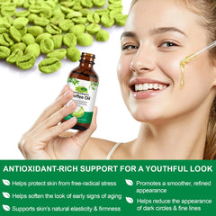 green Arabica coffee beans with YMFGPFYL bottle illustrating natural sourcing
