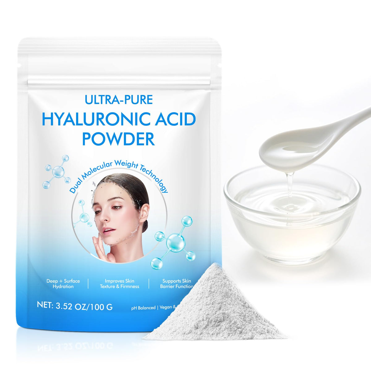 YMFGPFYL front packaging showing the 100g hyaluronic acid powder and brand clarity