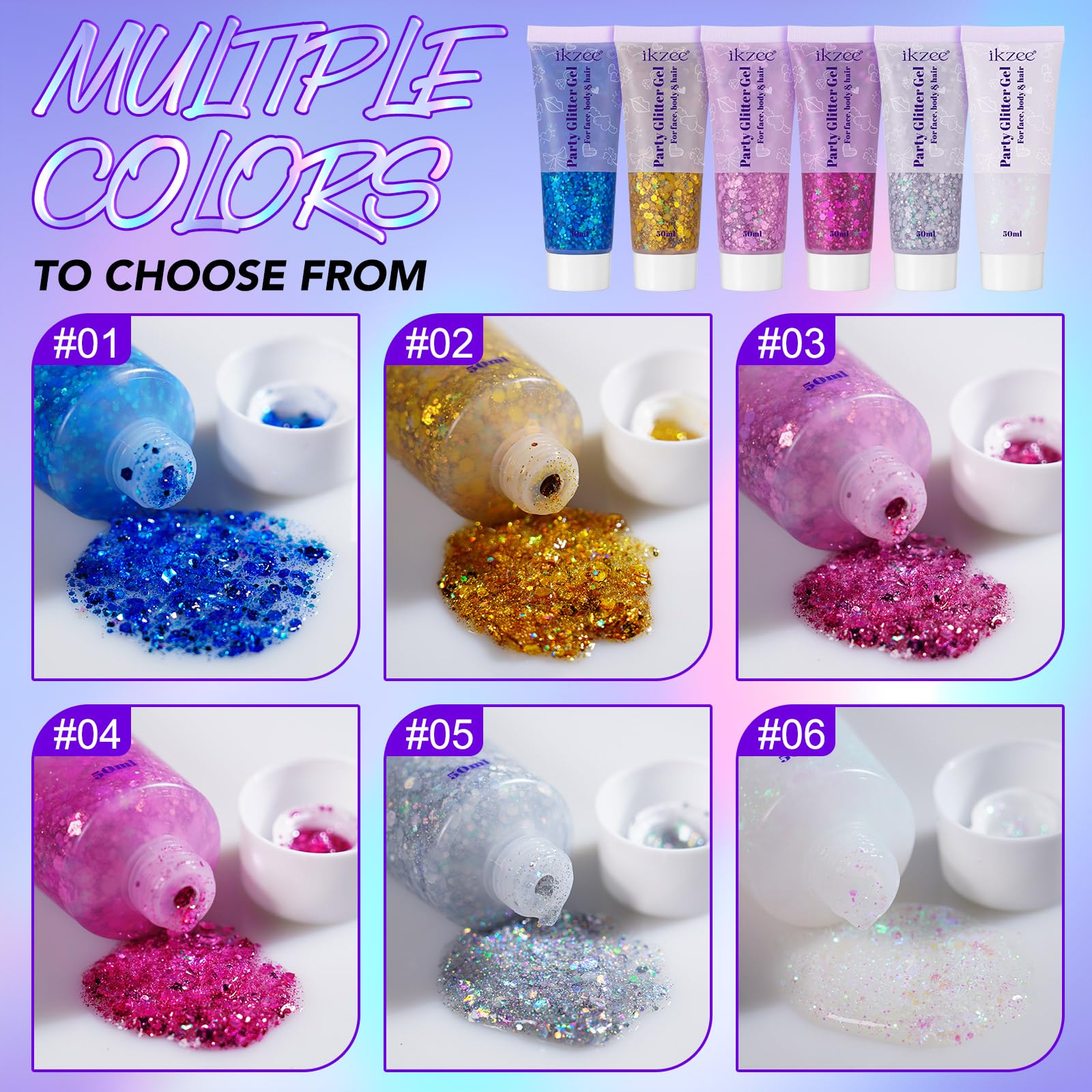 YMFGPFYL top view of open jars displaying holographic glitter gel