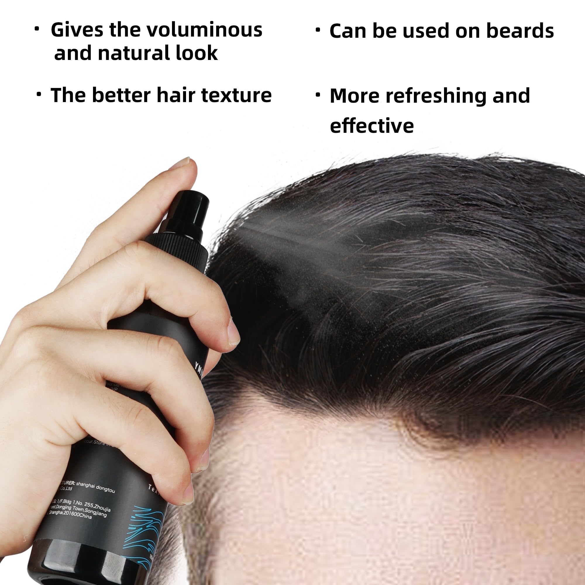 YMIR NEIL spray being applied to hair, adds instant volume and grit