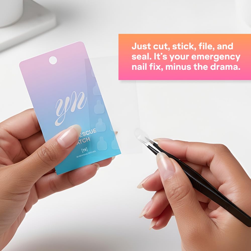 YN Young Nails hand pressing patch onto cracked nail for instant repair