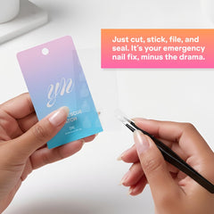 YN Young Nails hand pressing patch onto cracked nail for instant repair