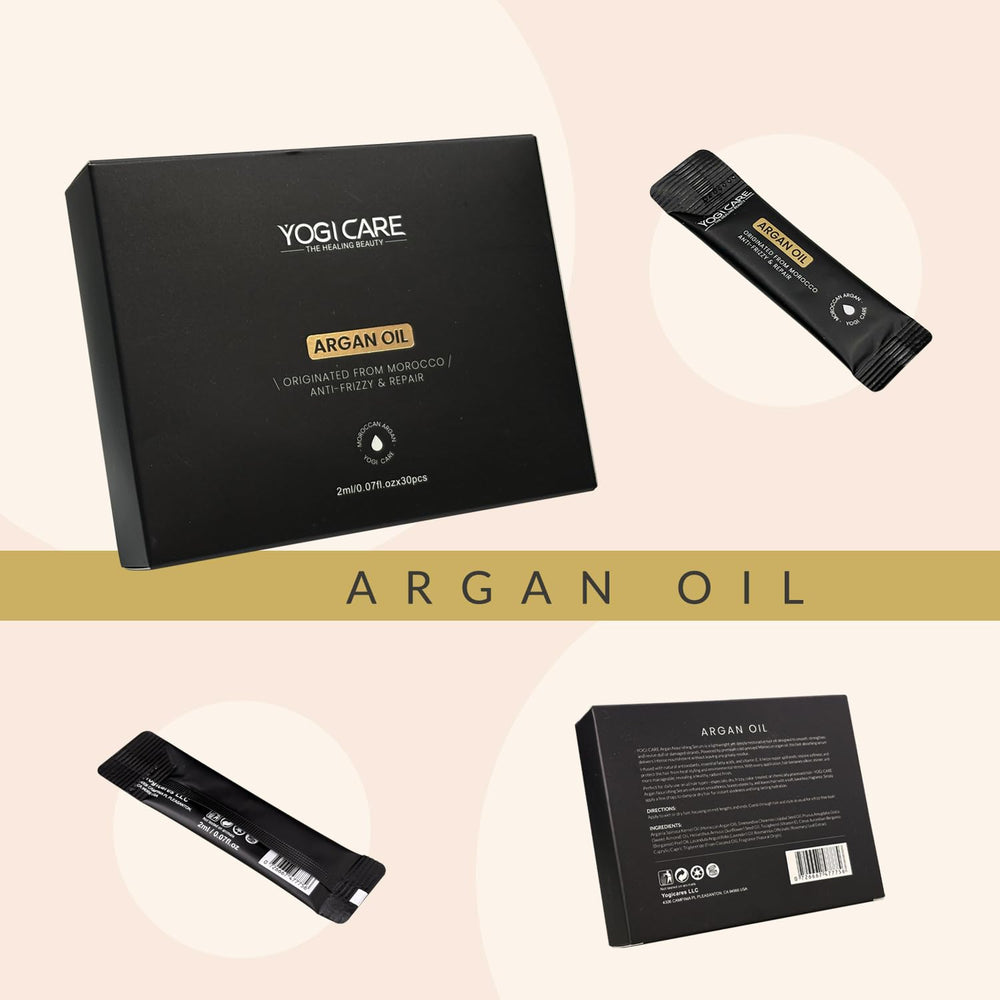 YOGI CARE ingredient label close-up showing Argan Oil and Vitamin E benefits