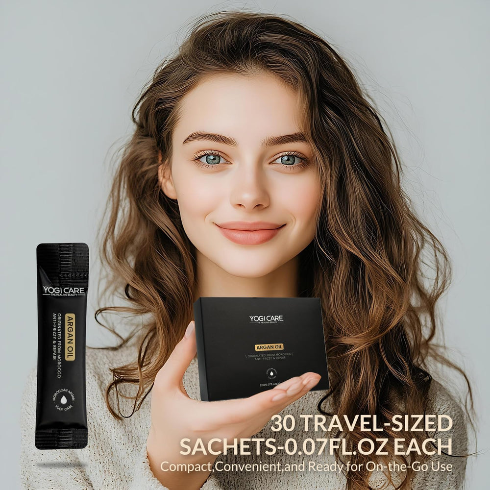 YOGI CARE opened sachet pouring serum demonstrating easy single-use application