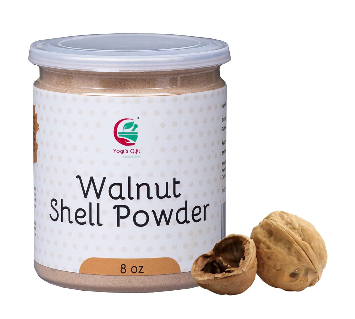 YOGI’S GIFT front packaging showing 8oz walnut shell powder benefits