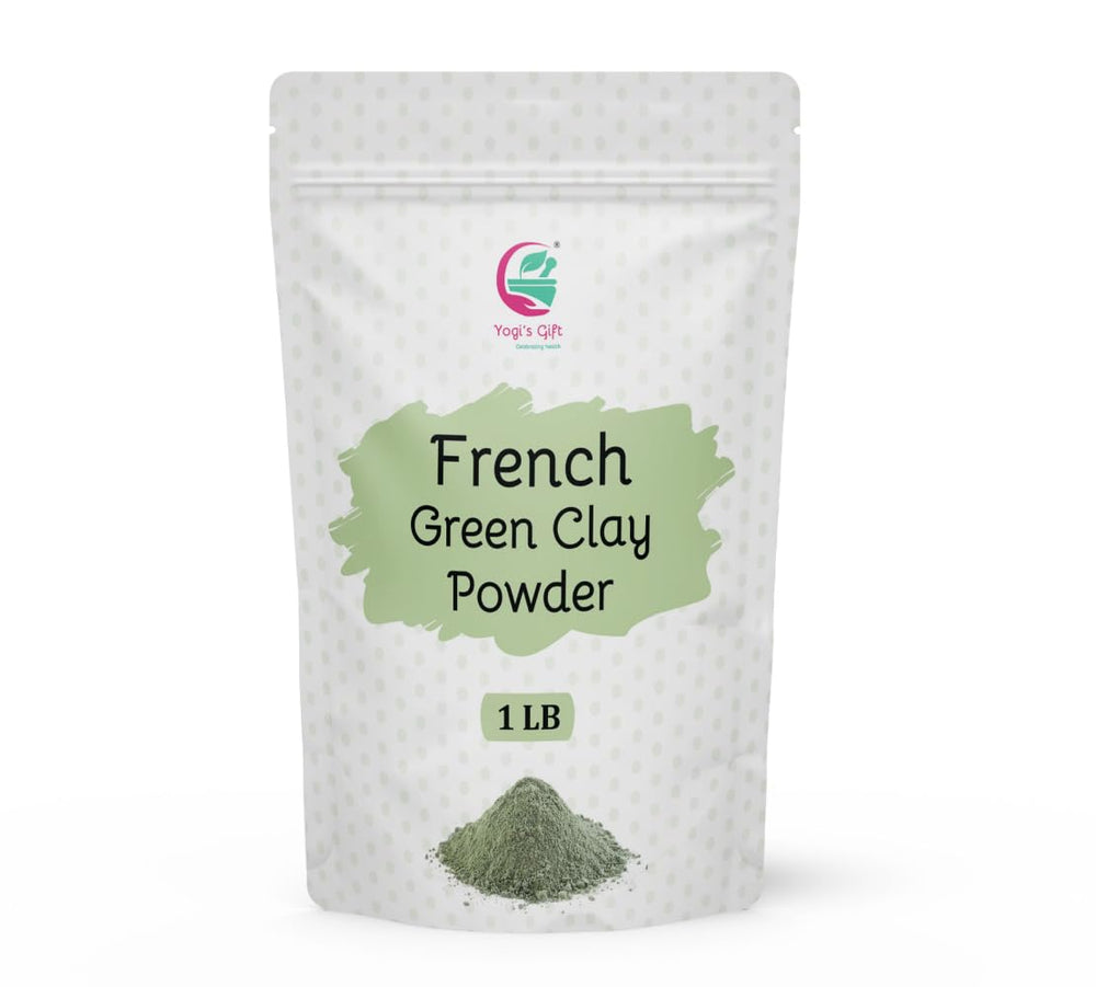YOGI’S GIFT front jar of French green clay powder showing pure product for clean skincare